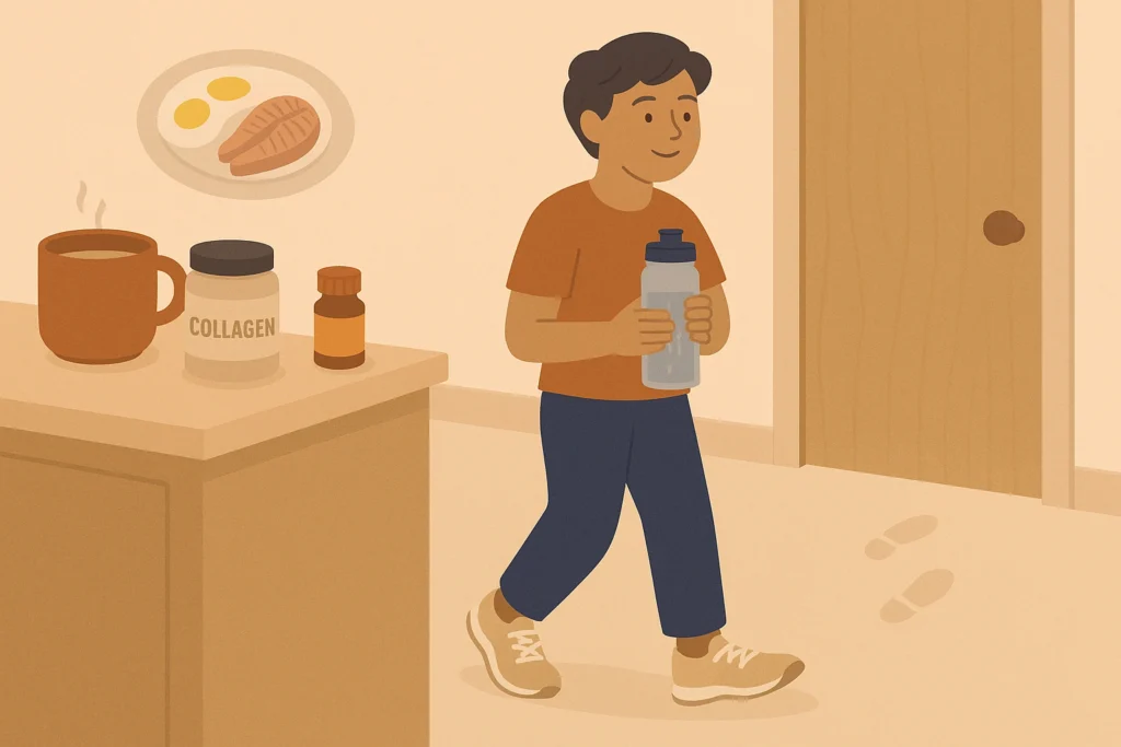 Calm hallway by bathroom: person with salted water, sneakers, broth, collagen, magnesium, eggs and fish.