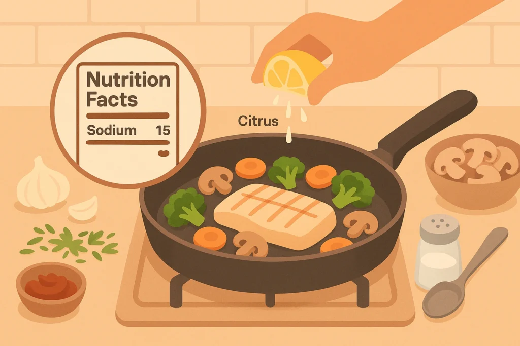 Pan cooking with herbs, lemon, garlic and vegetables, while a salt shaker sits unused to the side.