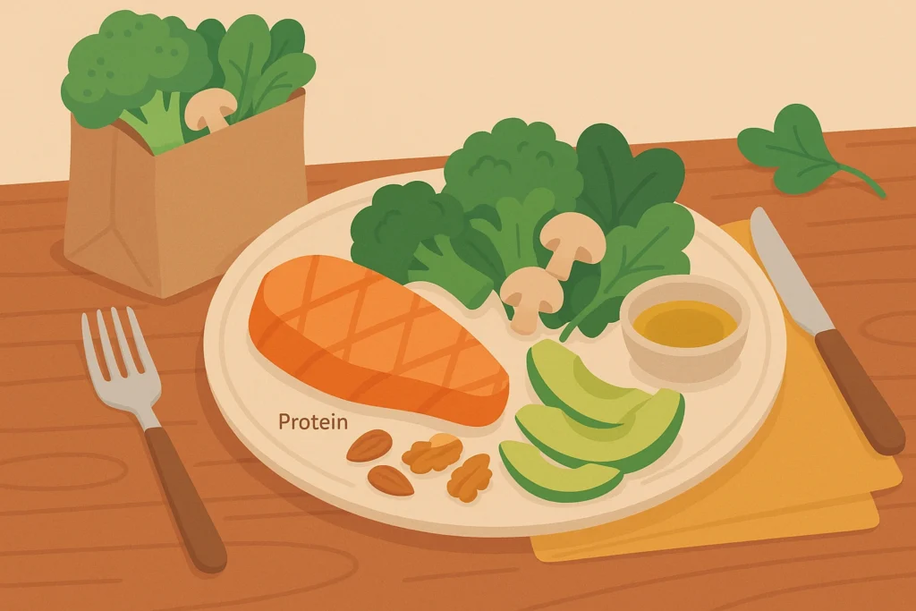 Plate with protein, low carb vegetables, and healthy fats on a table, with a grocery bag showing what to eat.