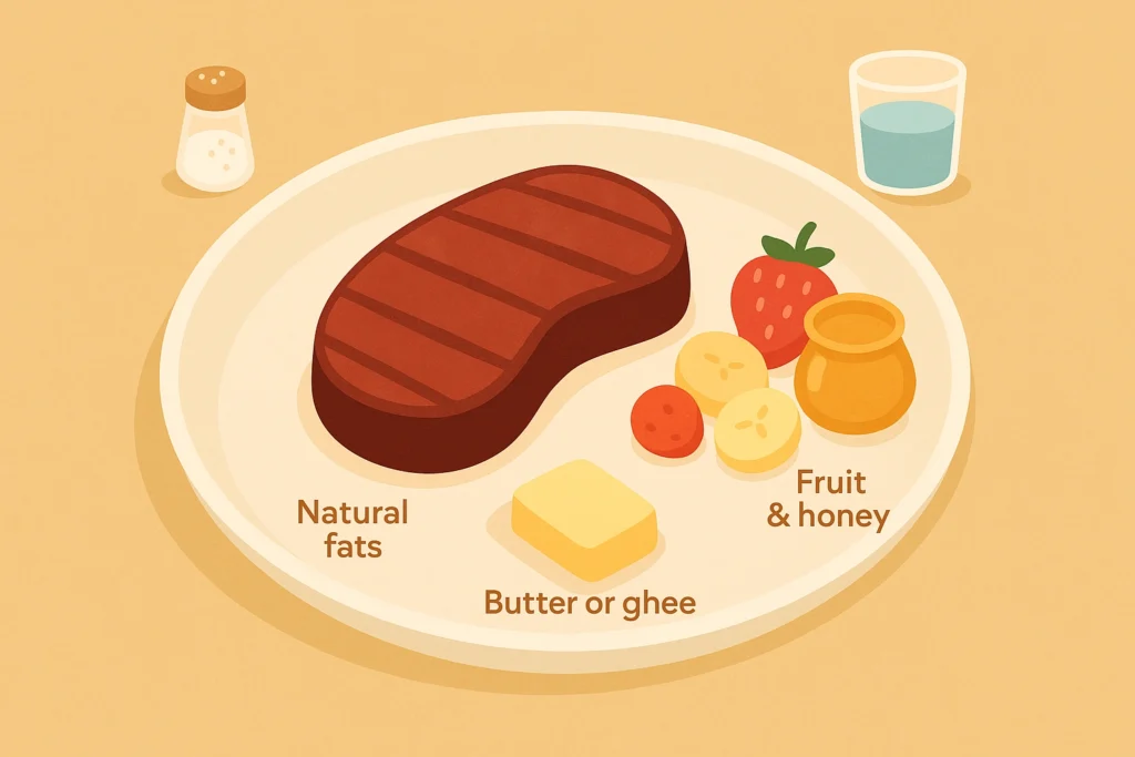 A balanced plate with meat, fruit, natural fats, salt, and water in warm 2D colors.
