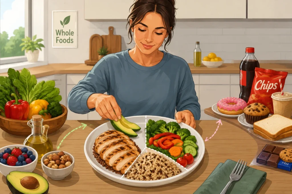Person builds a balanced plate with lean protein, vegetables, whole grains, avocado, and olive oil.