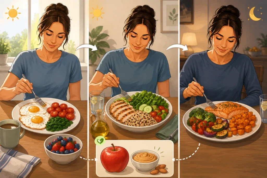 Person enjoys balanced breakfast, lunch, dinner, and an optional apple with peanut butter snack.