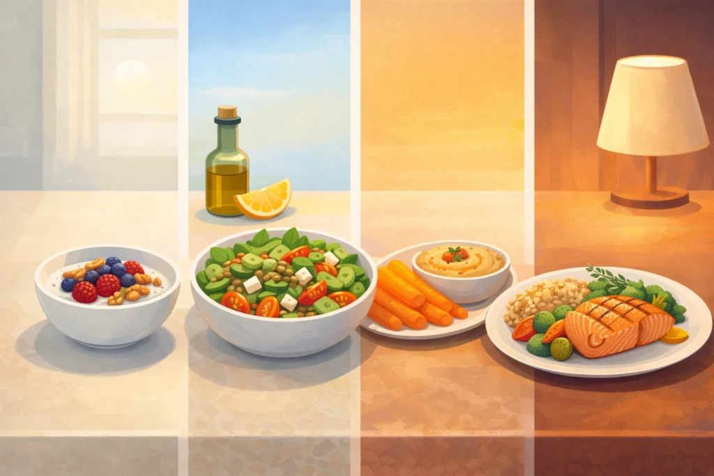 Four Mediterranean meals across a day, from yogurt and berries to salmon with vegetables on a warm countertop.