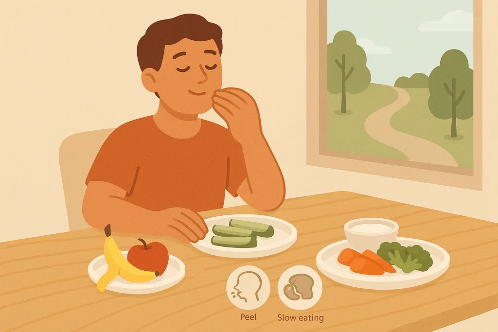 A person eating calmly with simple foods and a peaceful walking path outside the window.