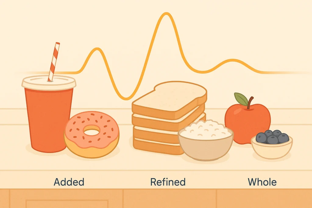 Soda+donut, bread+rice, and apple+berries on a counter with a glucose line spiking then gently rising.