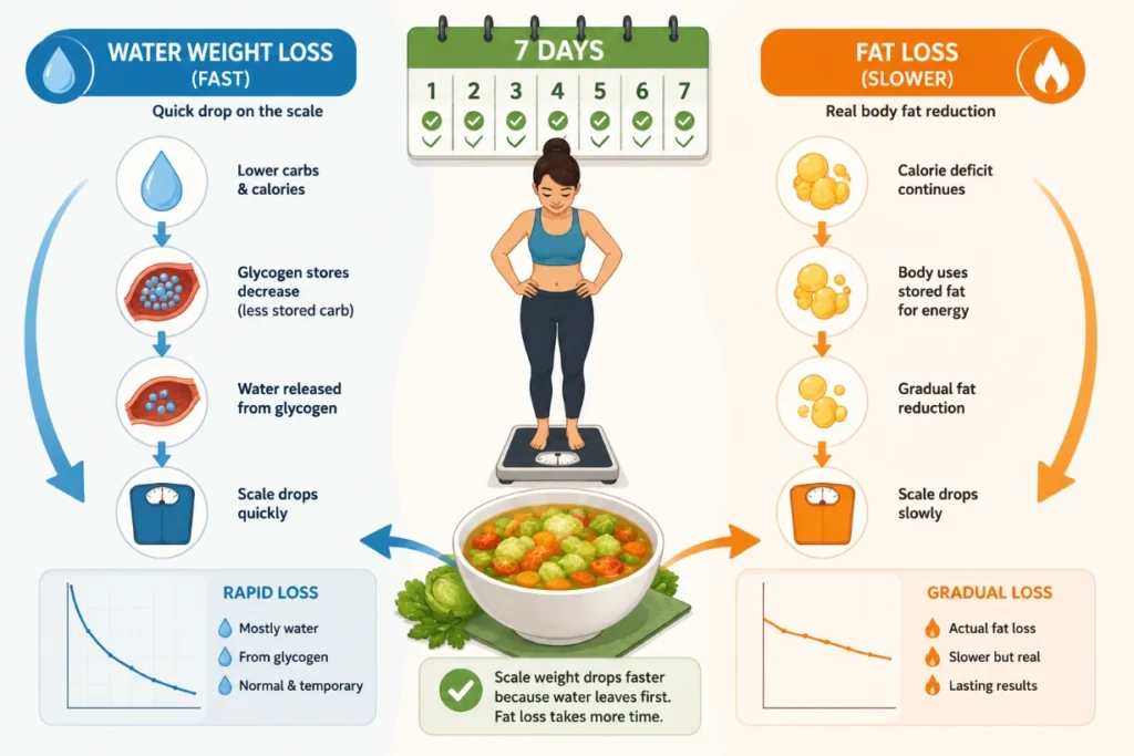 Illustration comparing rapid water-weight loss with slower fat loss during the soup diet.
