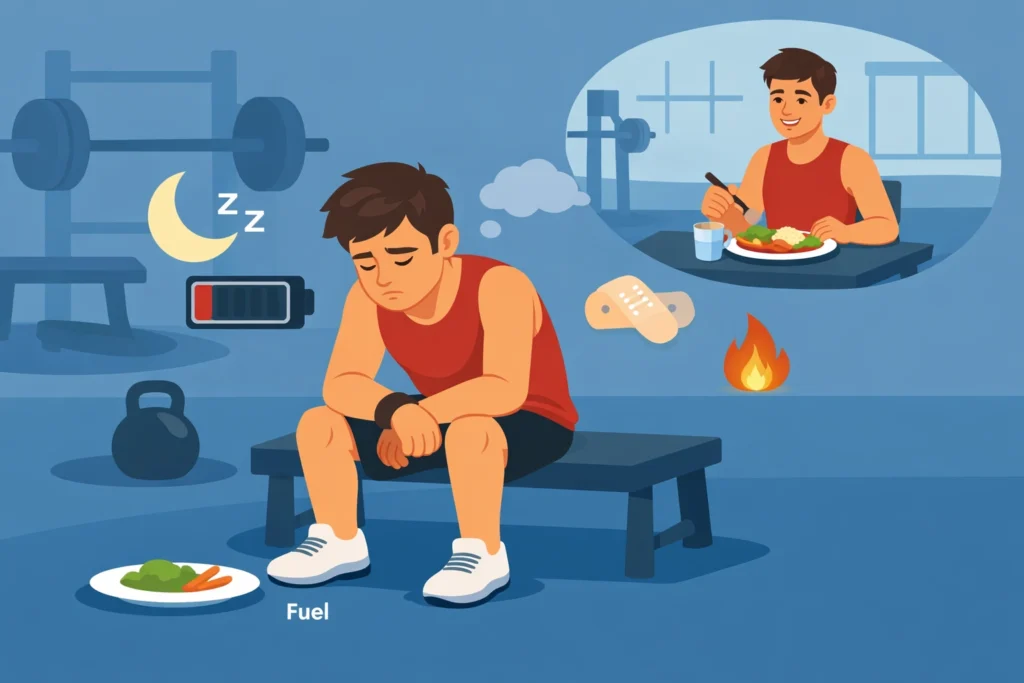 Tired athlete with low energy signs and a small meal, contrasted with a later scene of proper fueling.