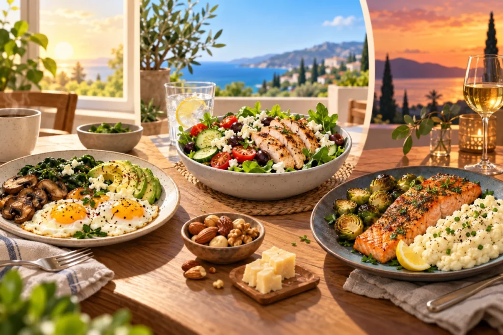 Full day of low-carb meals with eggs, chicken salad, salmon, vegetables, avocado, nuts and cheese.