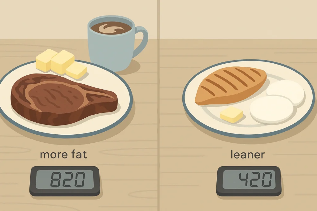 Fatty and lean meals side by side on a table with calorie displays showing how fat raises intake.