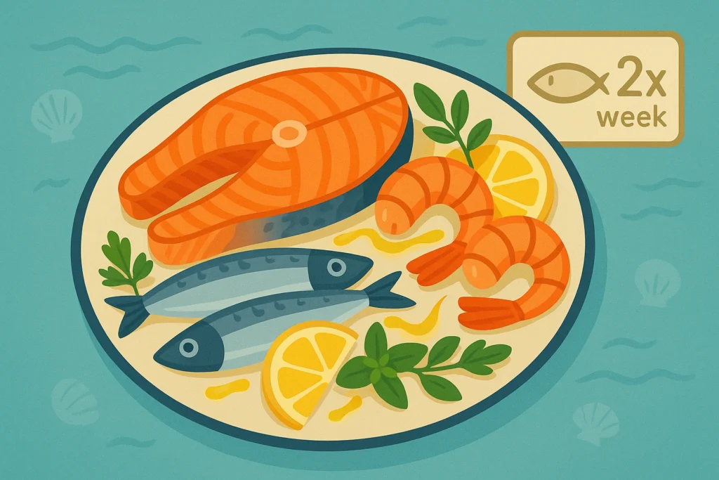 Plate with salmon, sardines, and shrimp arranged with lemon and herbs, with a small seafood frequency icon.