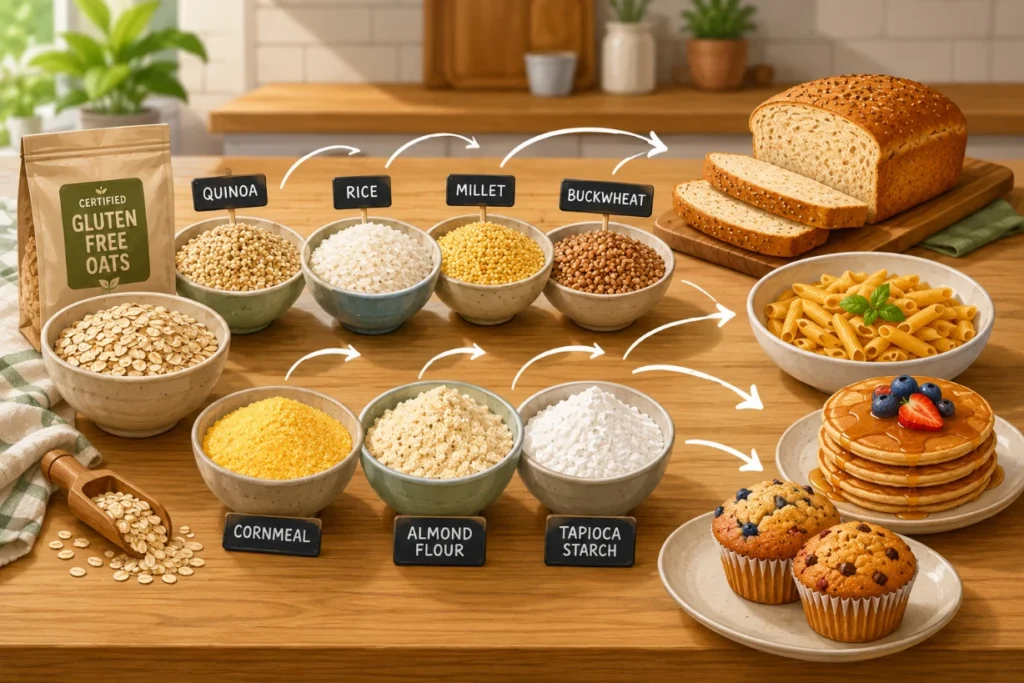 Gluten-free grains and flours displayed beside bread, pasta, pancakes, and muffins.
