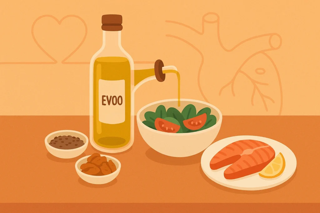 Kitchen counter with EVOO pouring onto salad, salmon plate, nuts, seeds, and subtle heart line art.