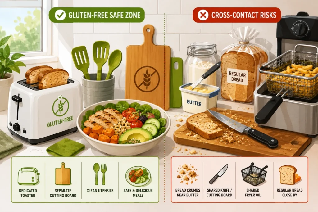 Gluten-free kitchen setup showing safe food prep and common cross-contact risks side by side.