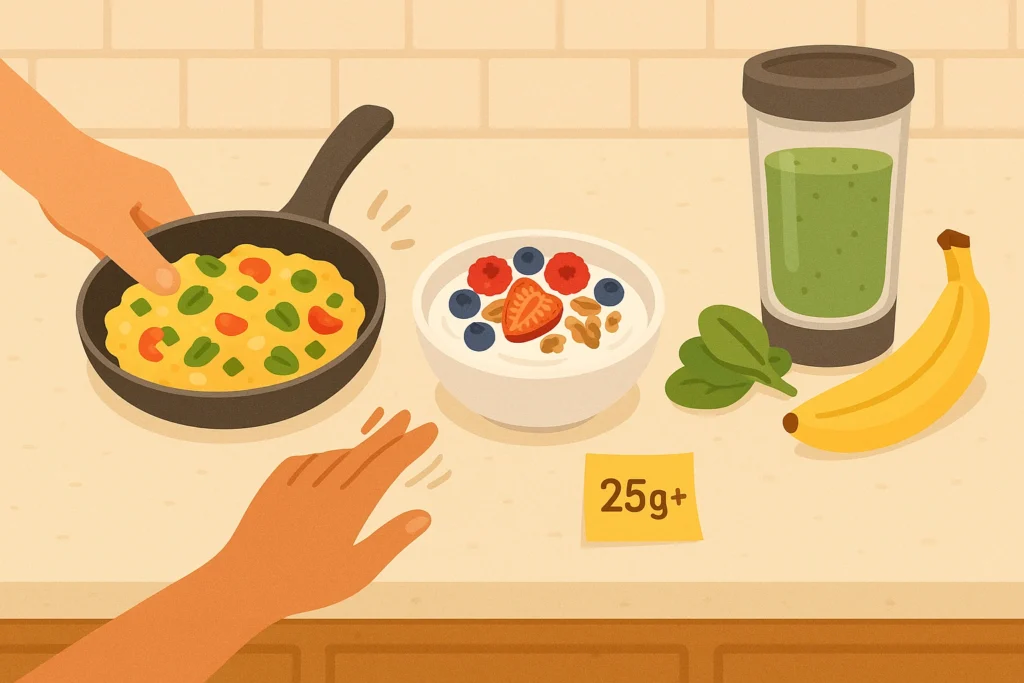 Three quick high-protein breakfasts on a kitchen counter: eggs, yogurt with nuts, and a green smoothie.