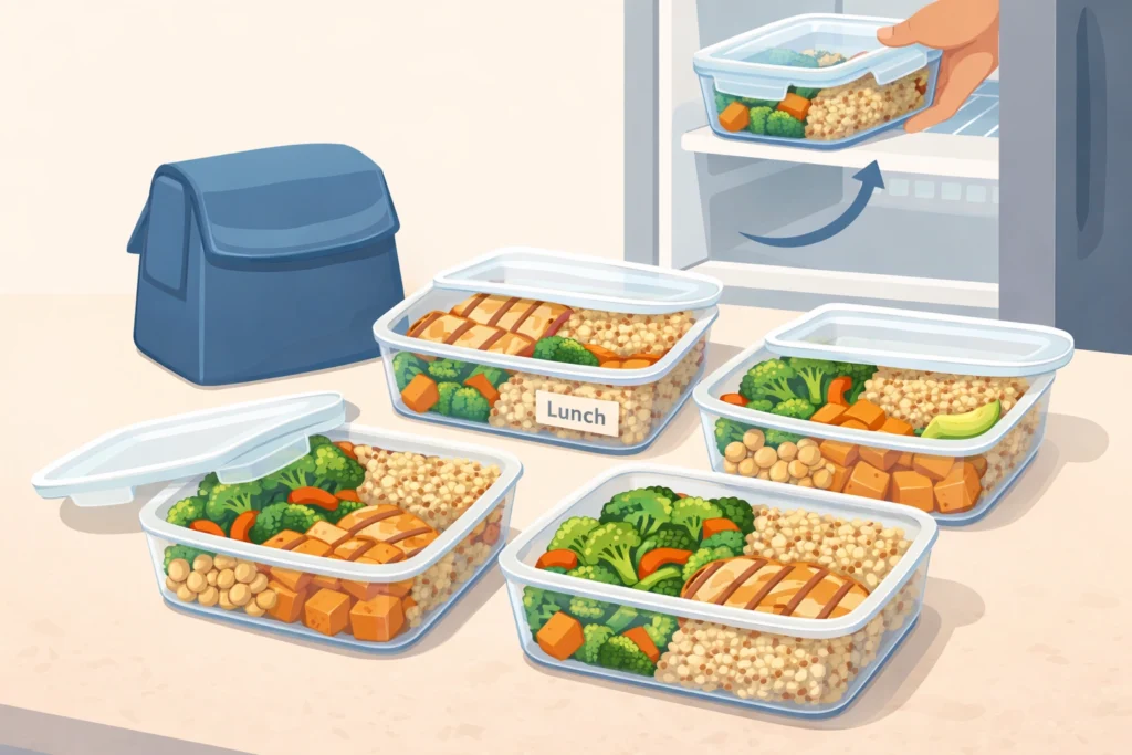 Meal prep containers with protein, grains, and vegetables beside a lunch bag and open fridge.