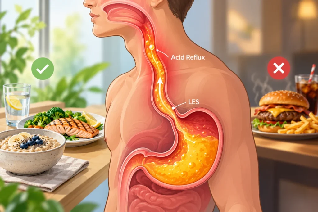 Illustration of stomach acid rising into the esophagus, with healthy and fried foods shown beside the body.