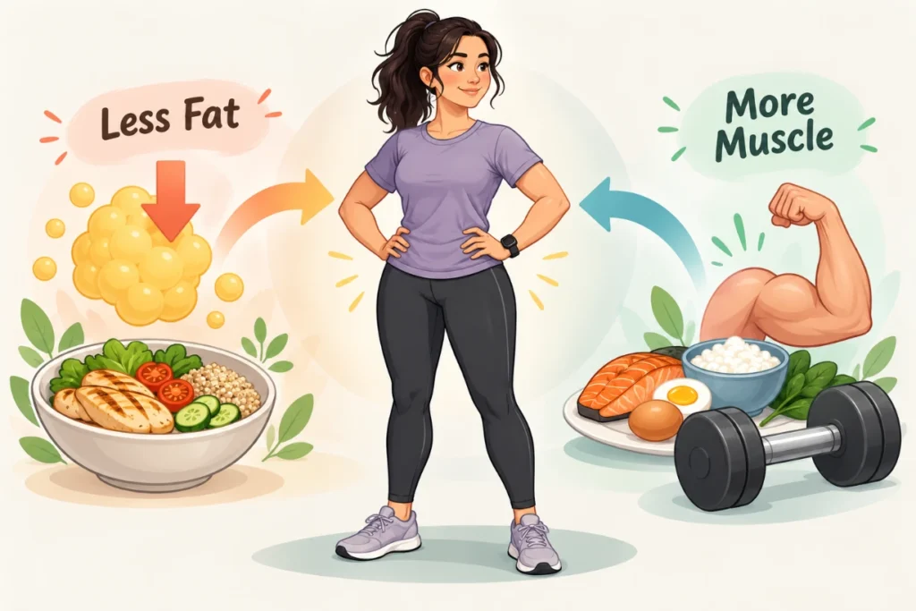 Body recomposition illustration showing less fat, more muscle, protein-rich food, and strength training.
