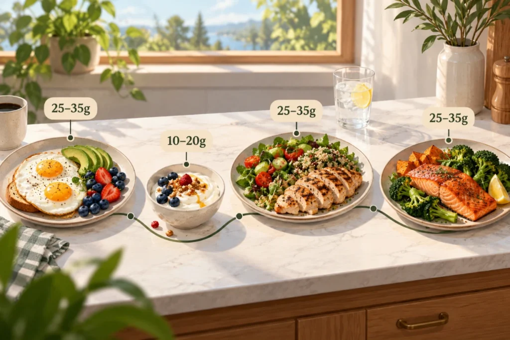 Protein-rich meals with eggs, chicken, salmon, and yogurt showing balanced intake throughout the day.