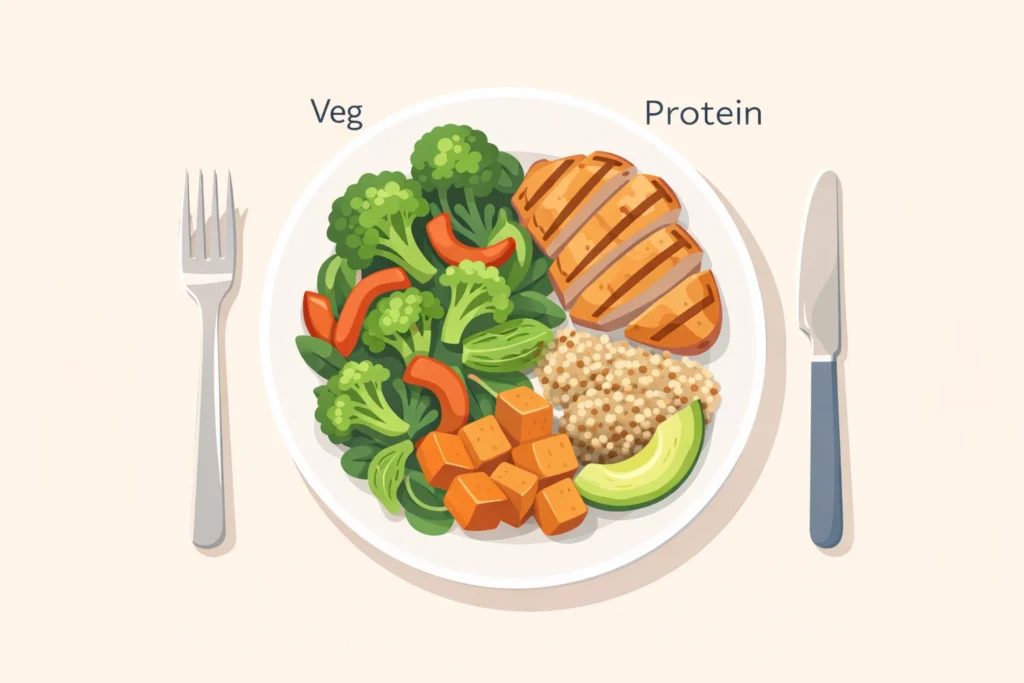 Top-down plate with vegetables, protein, and smart carbs arranged naturally with fork and knife.