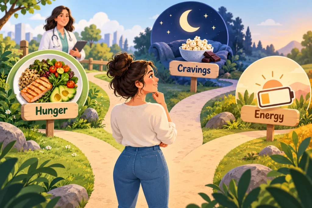 Woman choosing weight-loss support based on hunger, cravings, or low energy with medical guidance.
