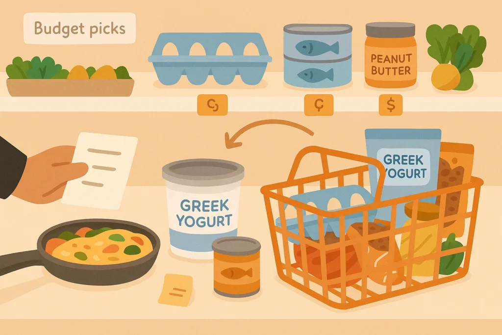 Shopper adding affordable protein foods like eggs, beans, yogurt, and fish to a grocery basket.