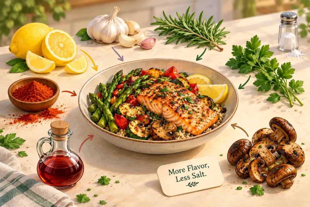 Low-sodium meal flavored with lemon, garlic, herbs, paprika, vinegar and mushrooms instead of extra salt.