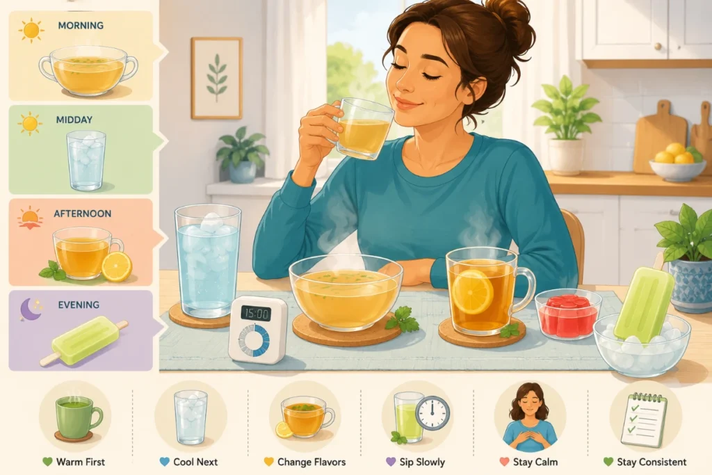 Person using broth, tea, cold drinks and slow sipping to make a clear liquid diet easier.