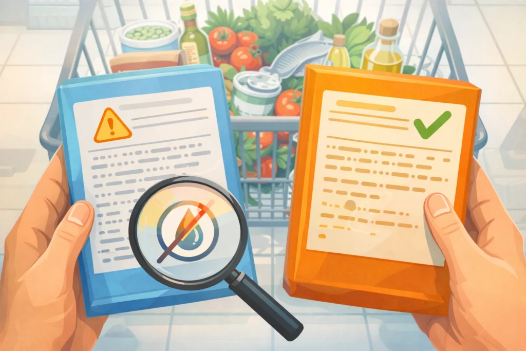 Hands comparing packaged foods using icons to spot long ingredient lists and unhealthy oils.