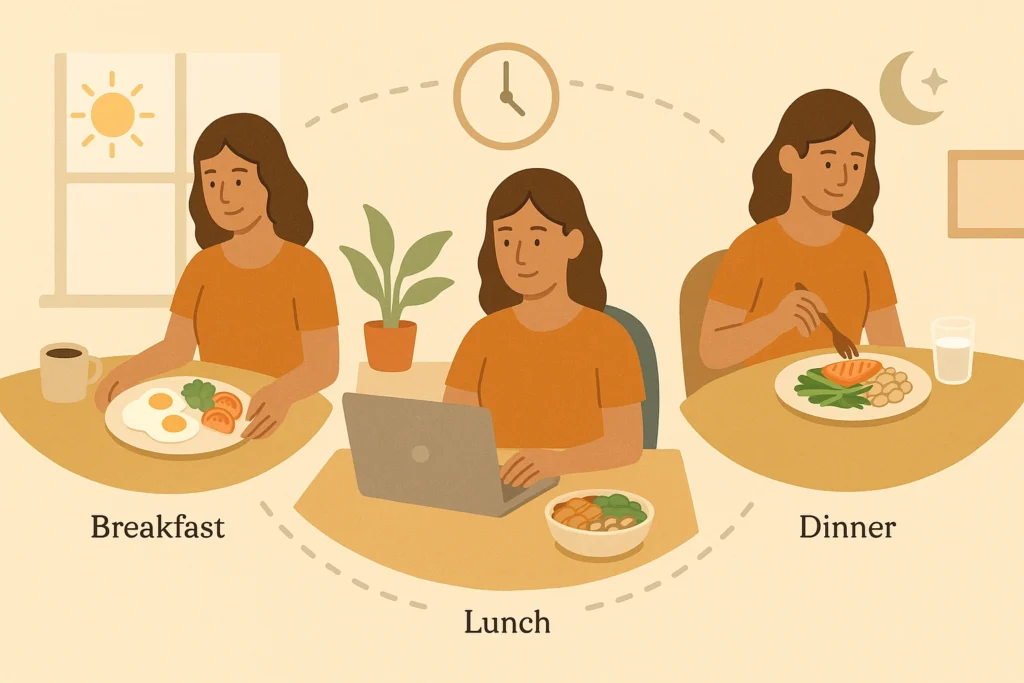 Person eating breakfast, lunch, and dinner in one room, showing balanced protein meals across the day.