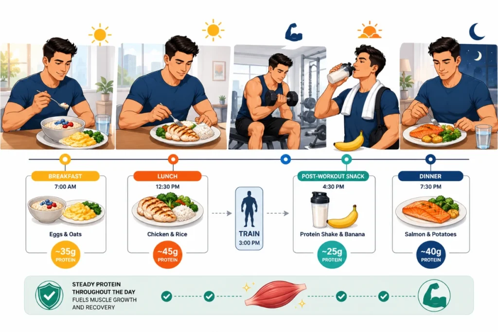 Daily muscle-building meal plan showing protein timing, workouts, and steady muscle support.