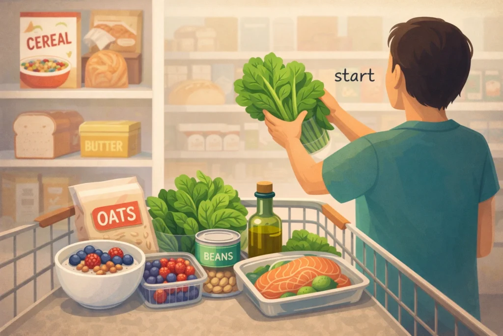 Person choosing whole foods in a grocery store, with healthy items in cart and refined foods faded behind.