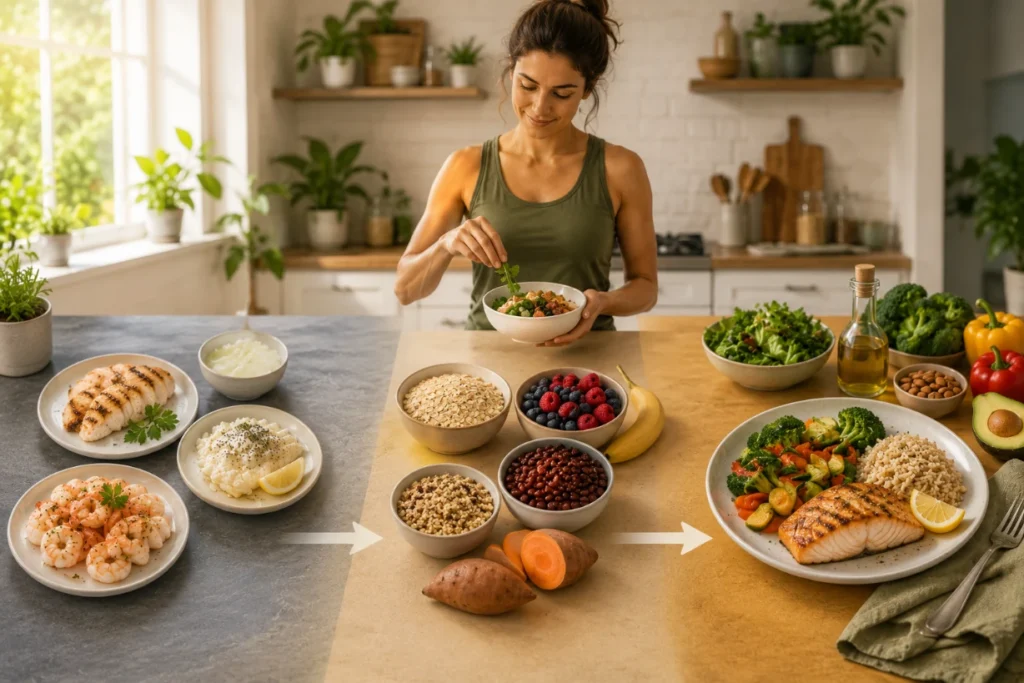 Woman preparing balanced meals with proteins, grains and vegetables in a bright healthy kitchen.