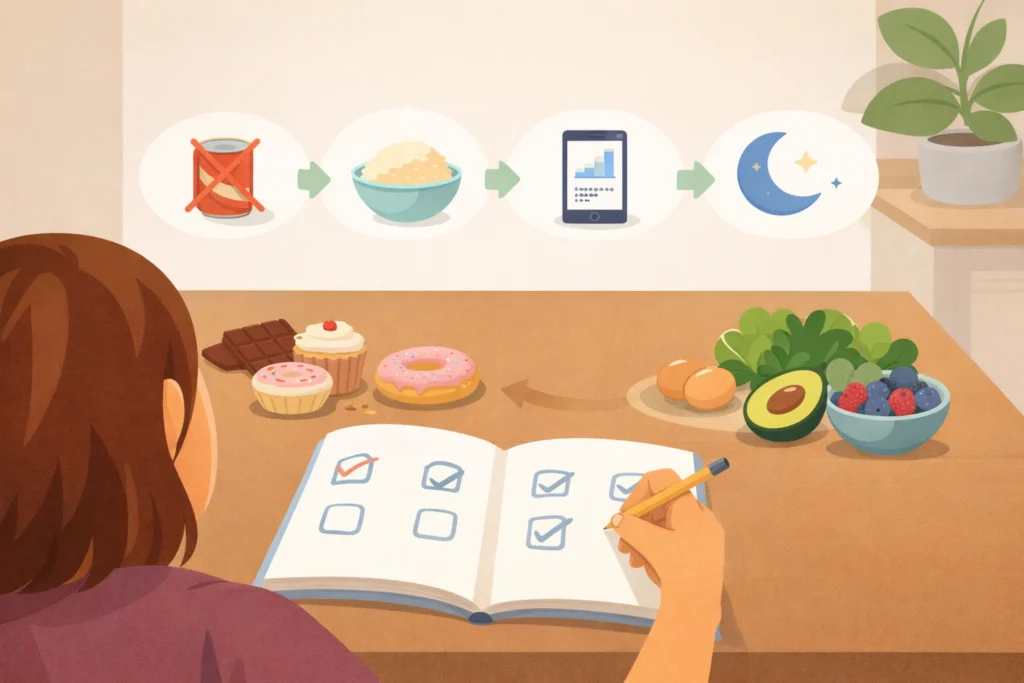 Woman plans a gradual low-carb change at a table with whole foods, notebook icons, and fewer snacks.