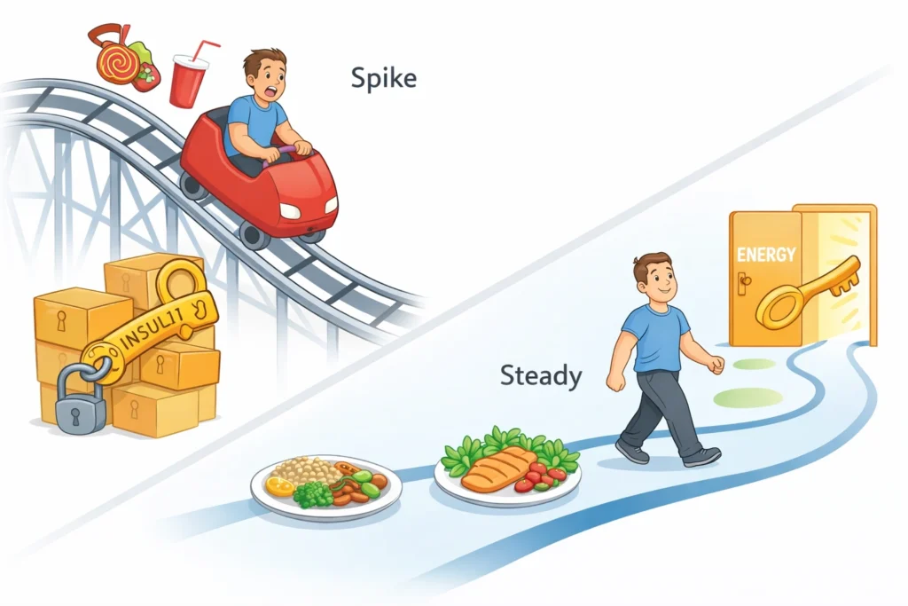 Person riding a sugar spike roller coaster versus walking a calm path with steady energy.