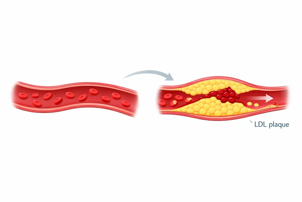 Side-by-side artery showing healthy blood flow versus narrowed vessel with yellow plaque and a small clot.