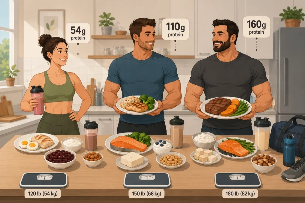 Three adults compare daily protein meals with healthy foods in a modern kitchen scene.