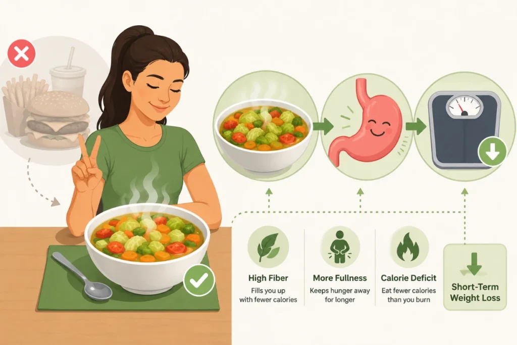 Person choosing cabbage soup over fast food, illustrating fullness and short-term weight loss.