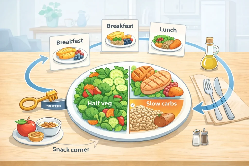 Balanced plate with vegetables, protein, slow carbs, daily meals, and healthy snack options.