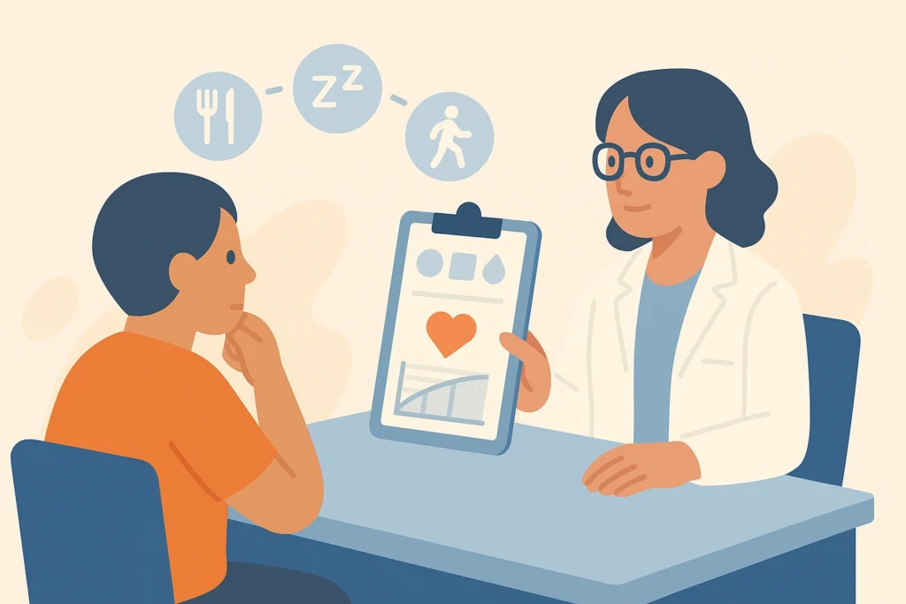 Person consults doctor while reviewing health icons and thinking about food, sleep, and movement.