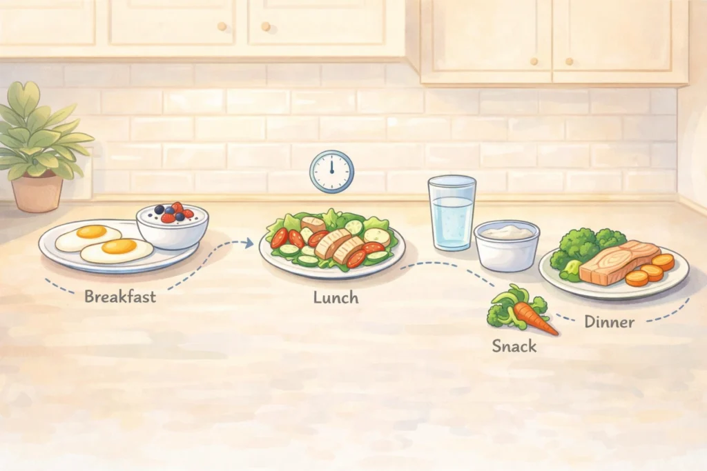 Warm kitchen scene showing breakfast, lunch, snack, and dinner with protein-rich meals across the day.