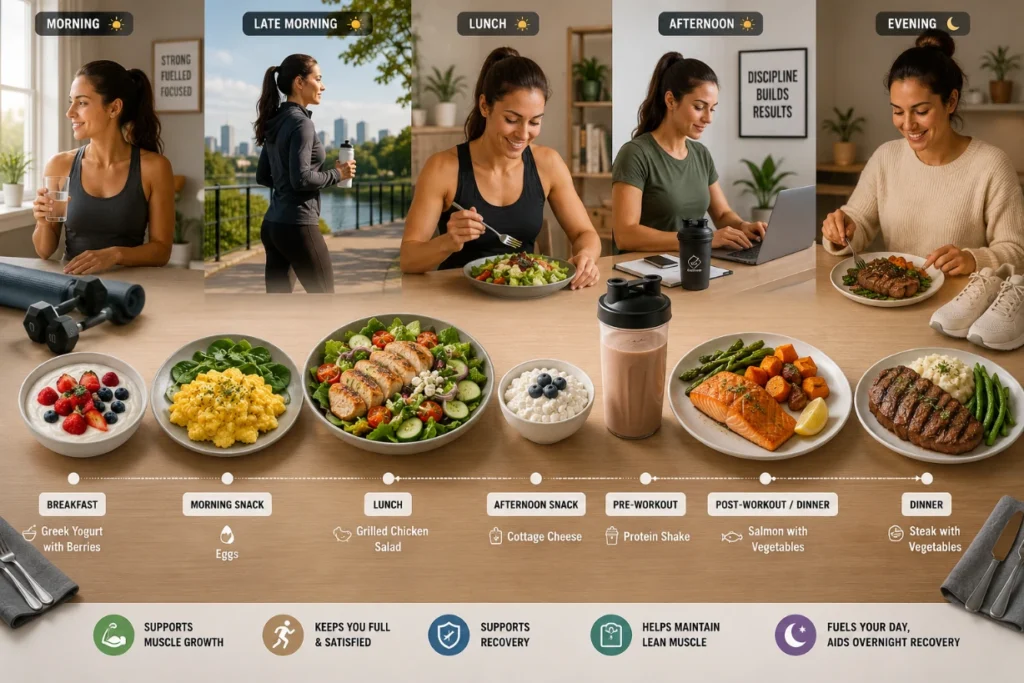 Full-day high-protein meal plan with balanced foods and active lifestyle elements.