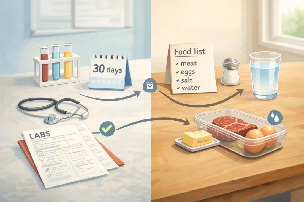 Split scene of doctor labs and home meal planning with steak, eggs, water, and a 30-day plan flow.