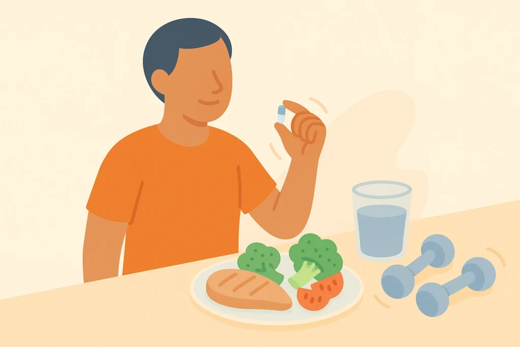 Person holds a pill while preparing a balanced meal with water and dumbbells nearby for healthy habits.