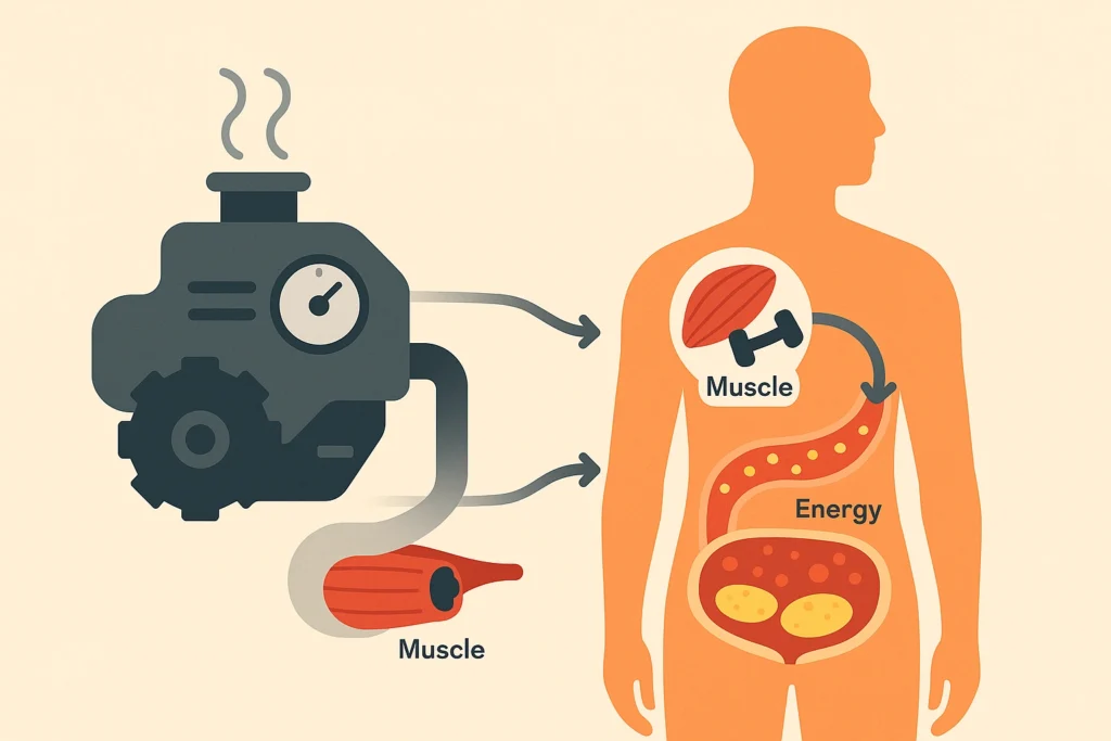 Illustration showing exercise boosting metabolism, with muscles, energy flow, and shrinking belly fat.