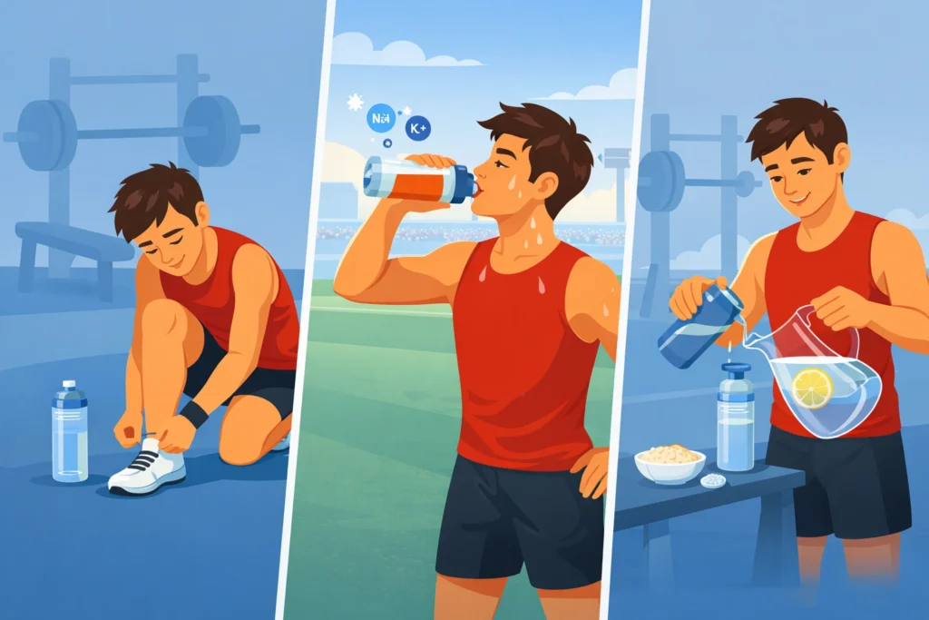 Athlete hydrating before, during, and after training, showing water, electrolytes, and recovery.