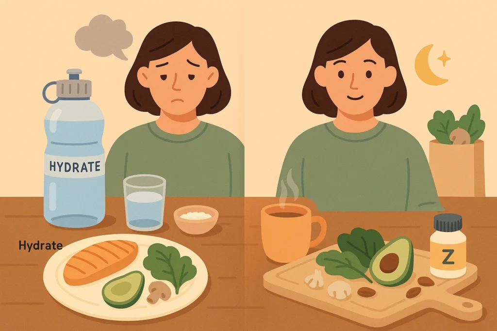 Person at kitchen counter with water, salt, broth, and vegetables, showing relief from early low carb fatigue.