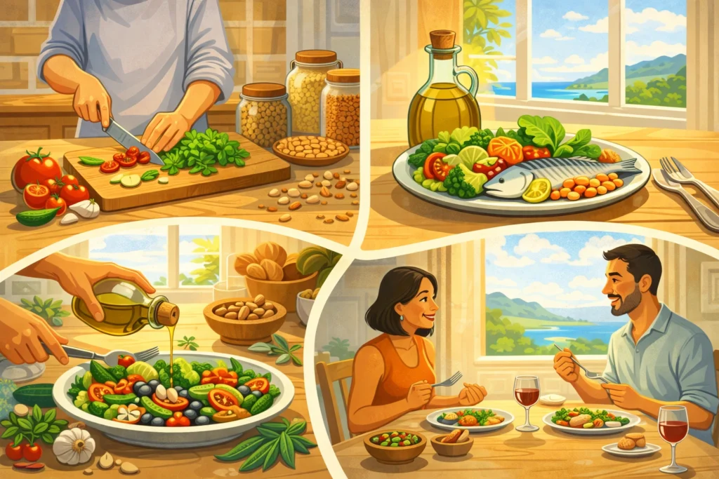 Sunlit dining table showing cooking fresh foods, plant-forward plates, olive oil use, and mindful eating.