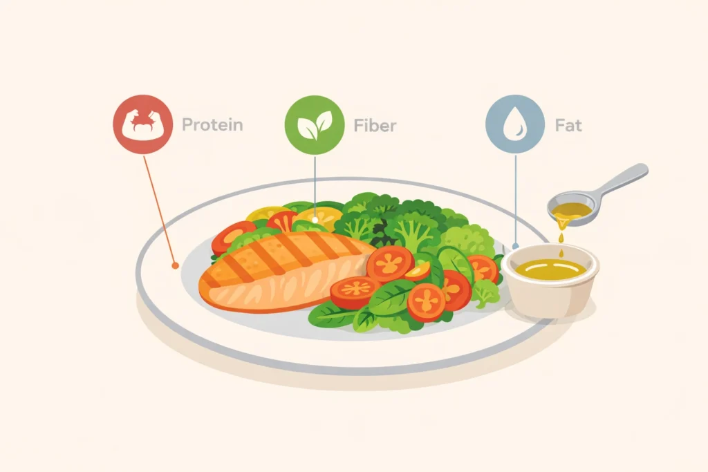 Balanced dinner plate showing protein, fiber-rich vegetables, and a small measured portion of healthy fat.