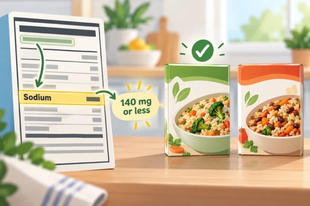 Nutrition label showing sodium at 140 mg or less while comparing two packaged foods for a lower-sodium choice.
