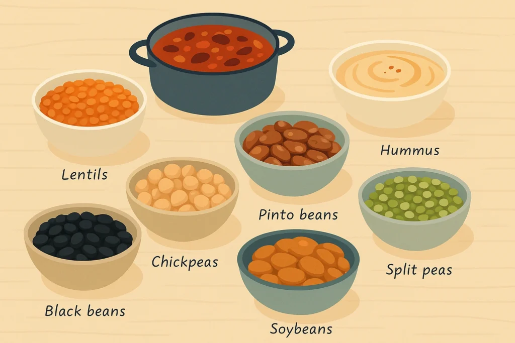 Bowls of assorted legumes with chili and hummus on a wooden table in a soft, flat-style illustration.